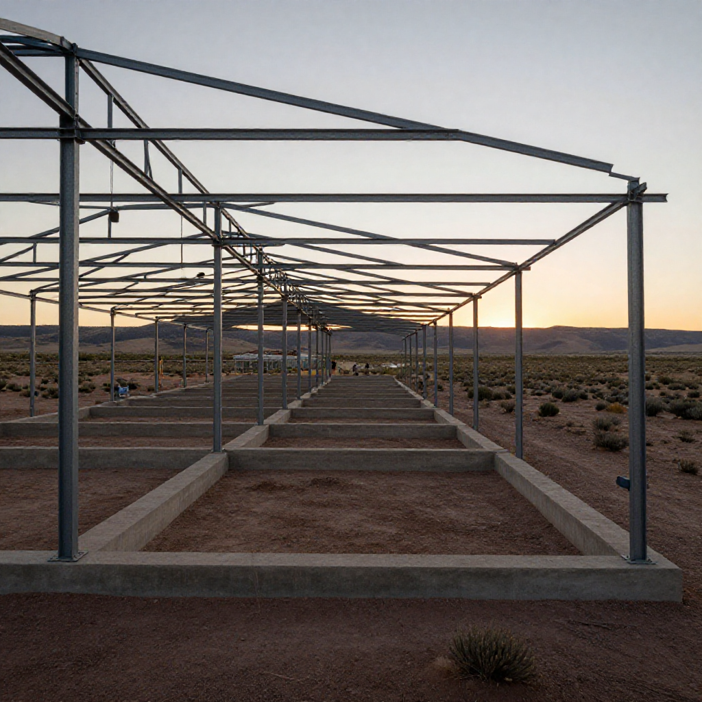 Obra de infraestructura productiva en el altiplano zacatecano bajo luz de amanecer