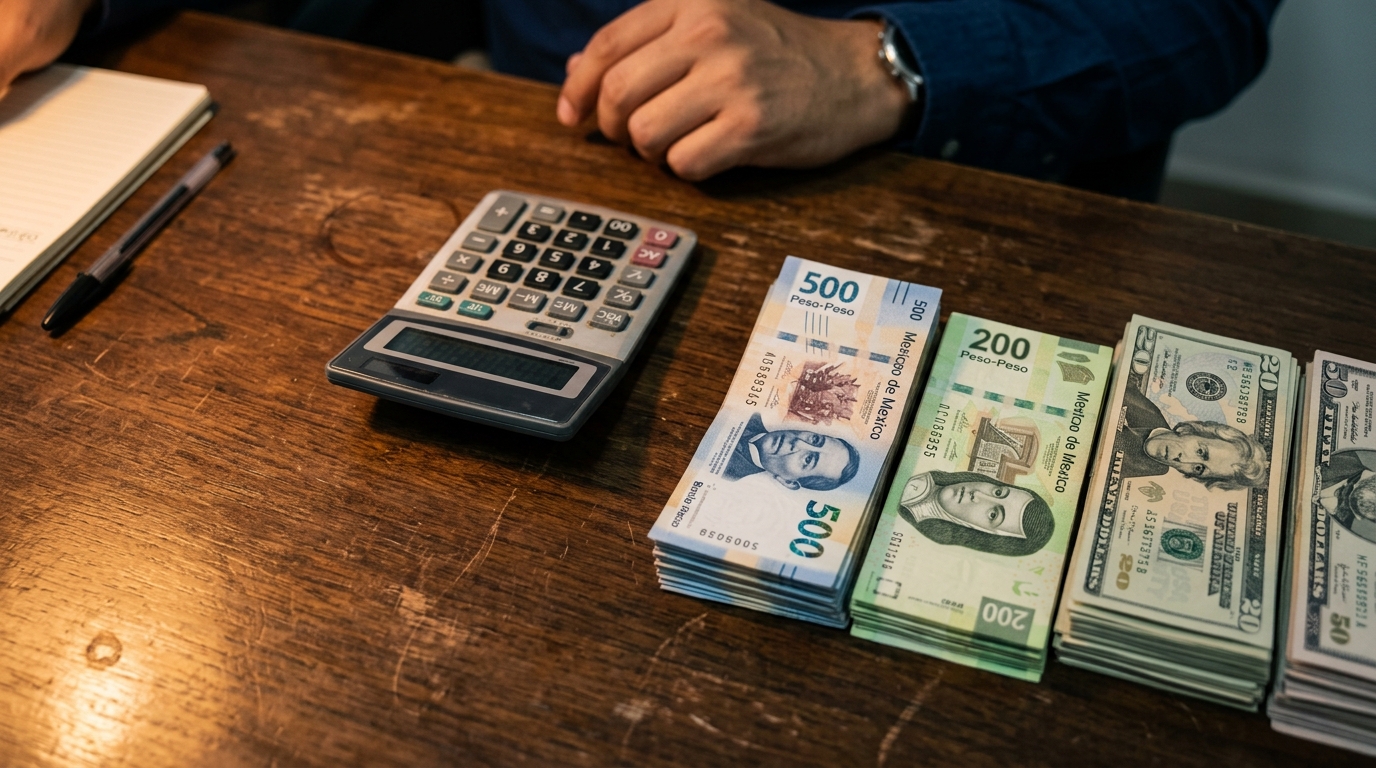 Tipo de cambio peso dólar en billetes mexicanos y estadounidenses sobre escritorio de oficina financiera