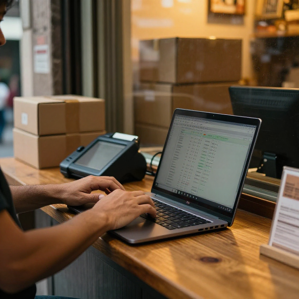 Manos de emprendedor usando IA en pymes mexicanas sobre una laptop