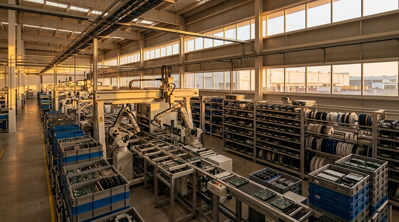 Nave industrial con líneas de producción y actividad industrial en México al amanecer