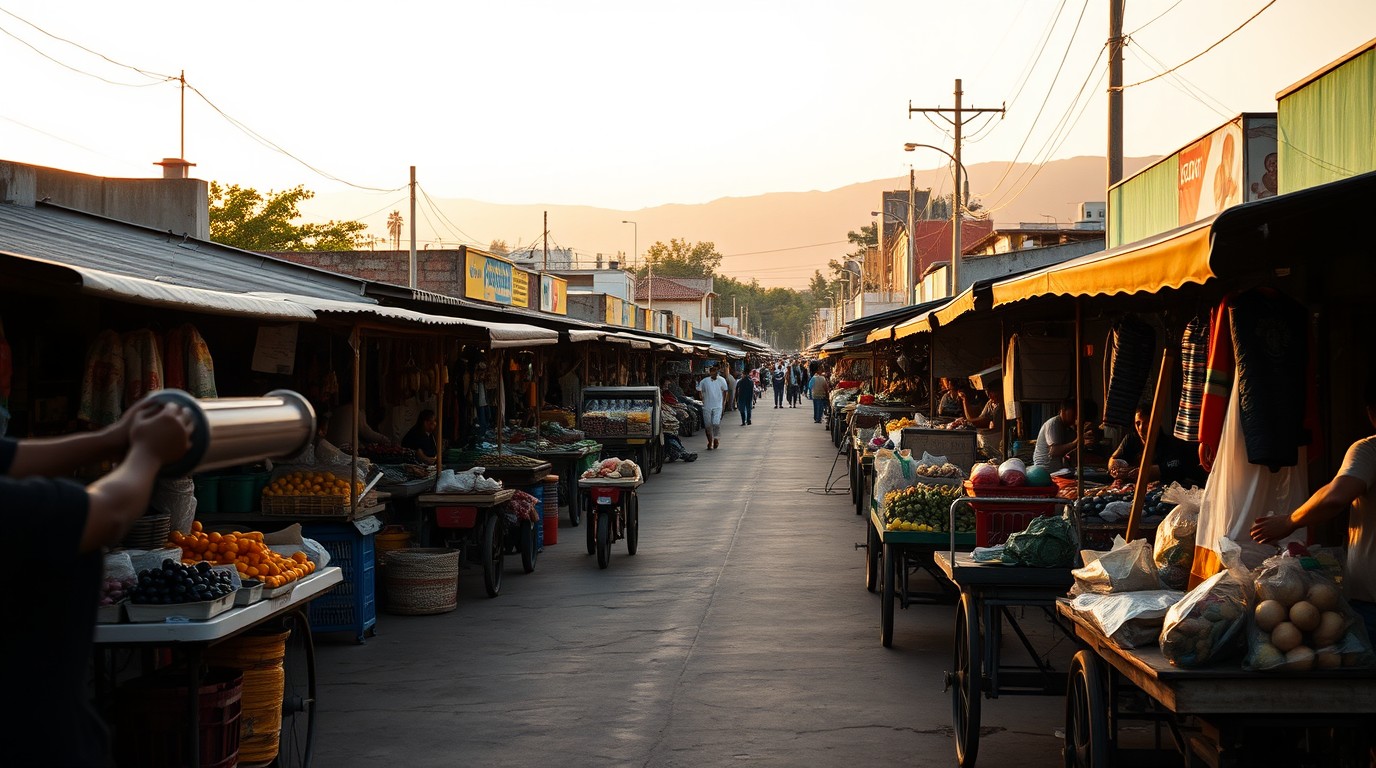 Hombres trabajando en un mercado informal de México al amanecer