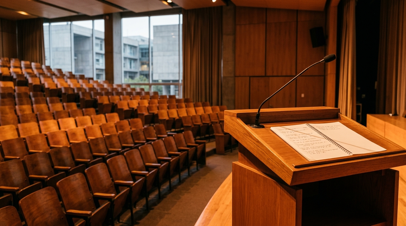 Auditorio universitario durante una conferencia sobre el patriarcado y la violencia de género