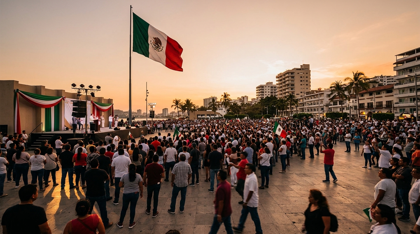 Bandera de México en acto público sobre la soberanía de México en Acapulco